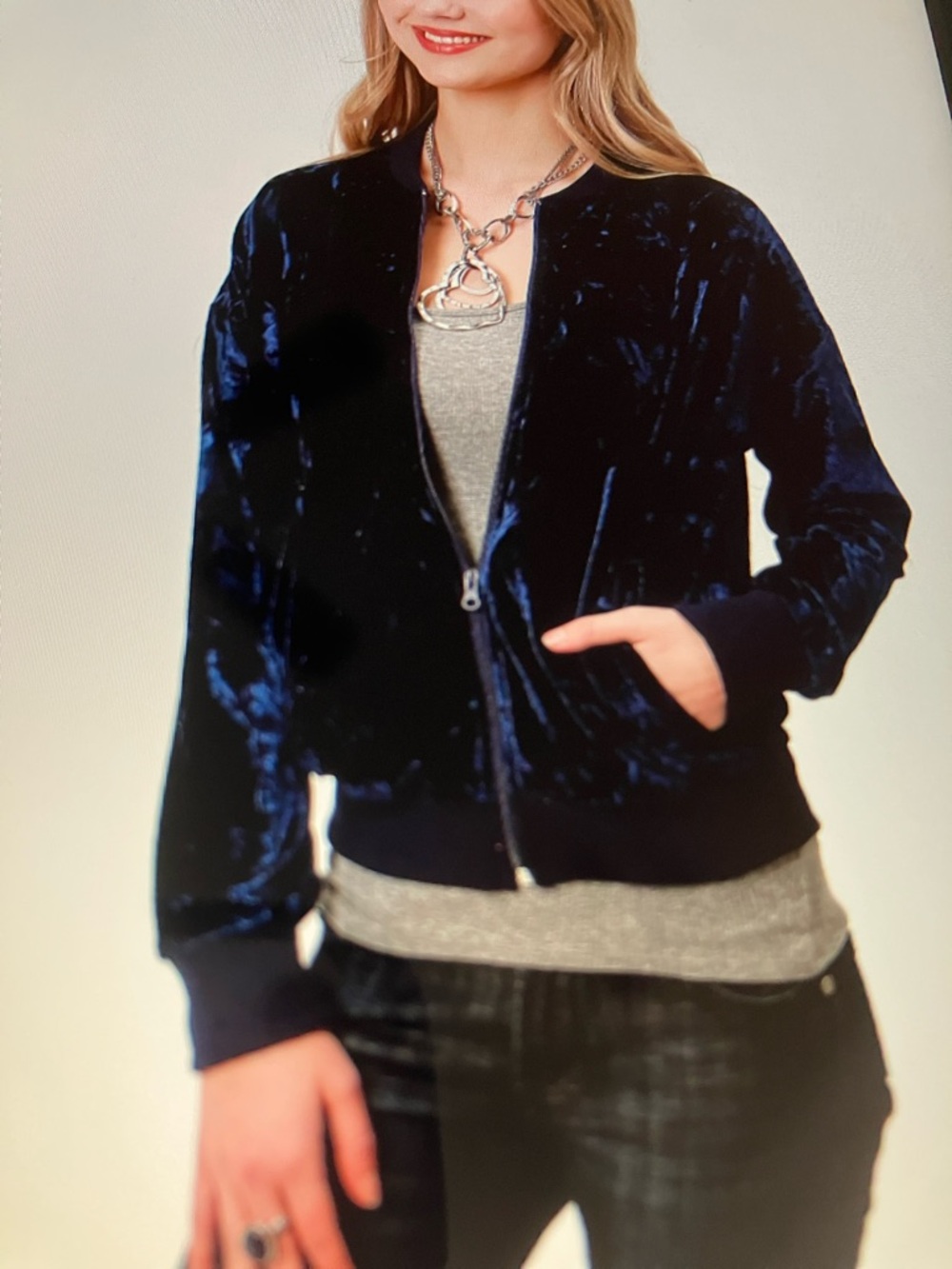 Ella Moss Midnight Blue Velvet Bomber Jacket